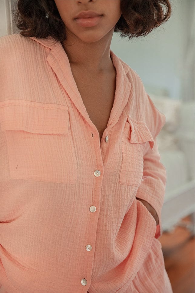 Close up of Model wearing Dusty Pink Long Cotton Pyjamas