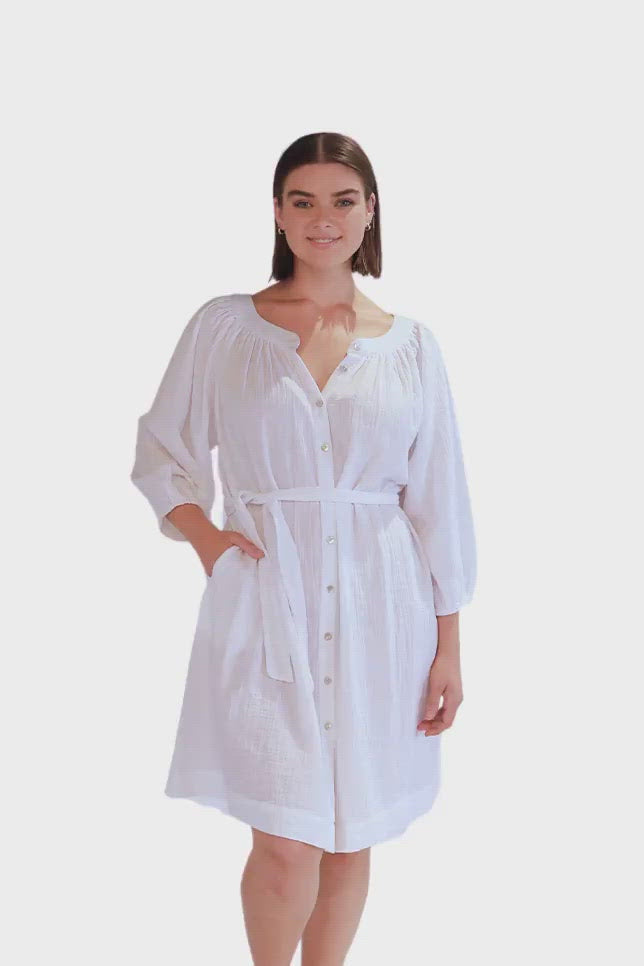 white cheesecloth dress with buttons