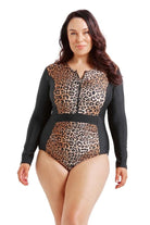 brunette model wearing long sleeve animal print swimwear