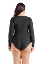 back of model wearing a long sleeve one piece swimwear