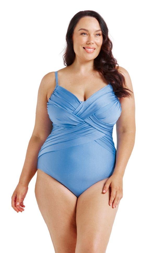 blue flattering swimwear for larger ladies