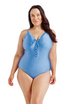 blue plus size lace up one piece