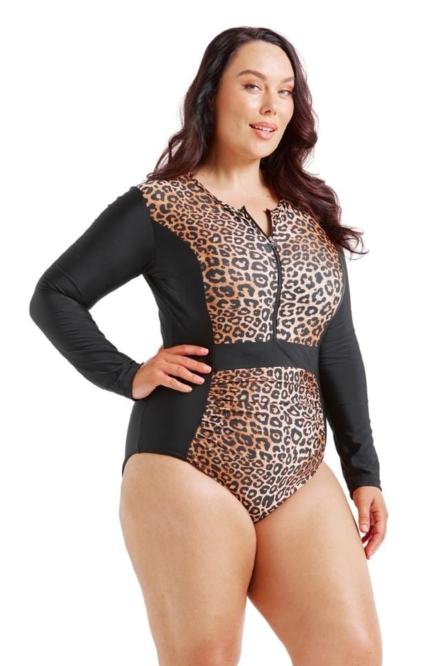 side profile of model wearing leopard one piece modest swimewear