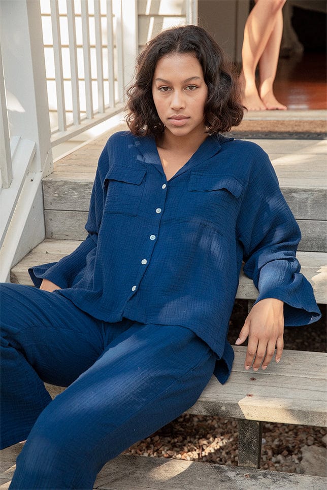 Model wearing Navy Blue Long Button Up Pyjamas