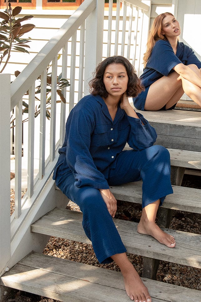 Model wearing Navy Blue Long Button Up Pyjamas