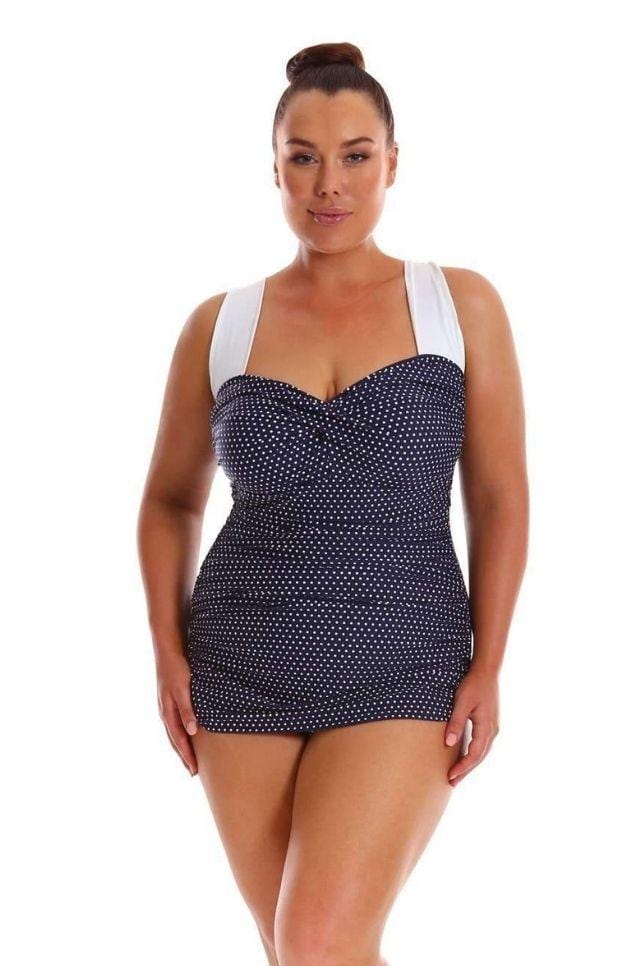 Navy & White Dots Vintage Skirted One Piece Swimsuit