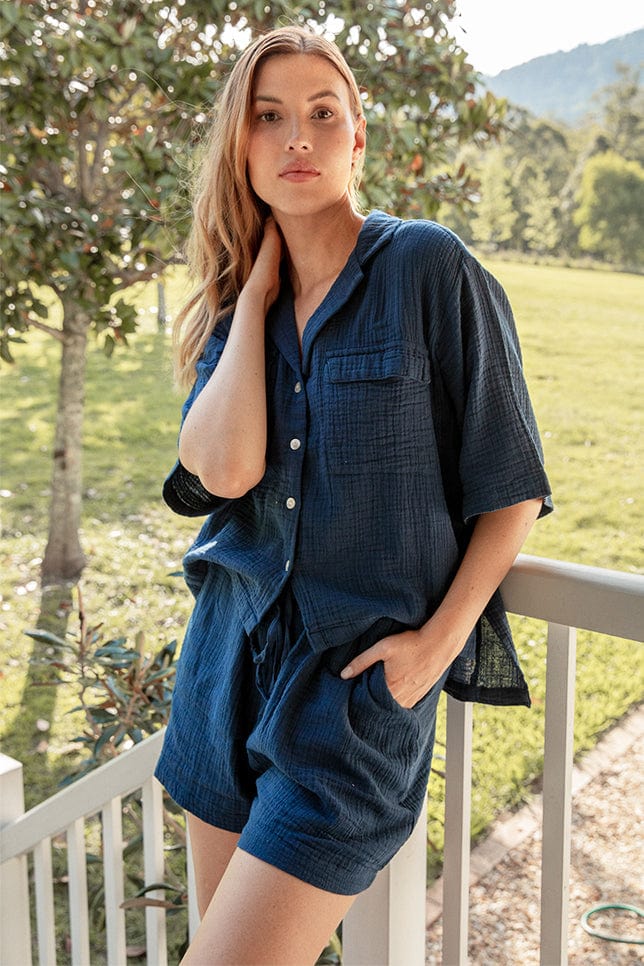 Model wearing Navy Blue Button Up Pyjama Set