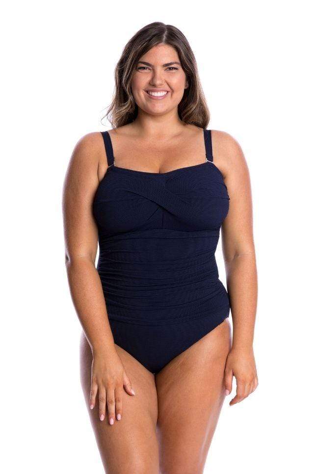 Honey Comb Twist Front Bandeau One Piece Swimwear NAVY