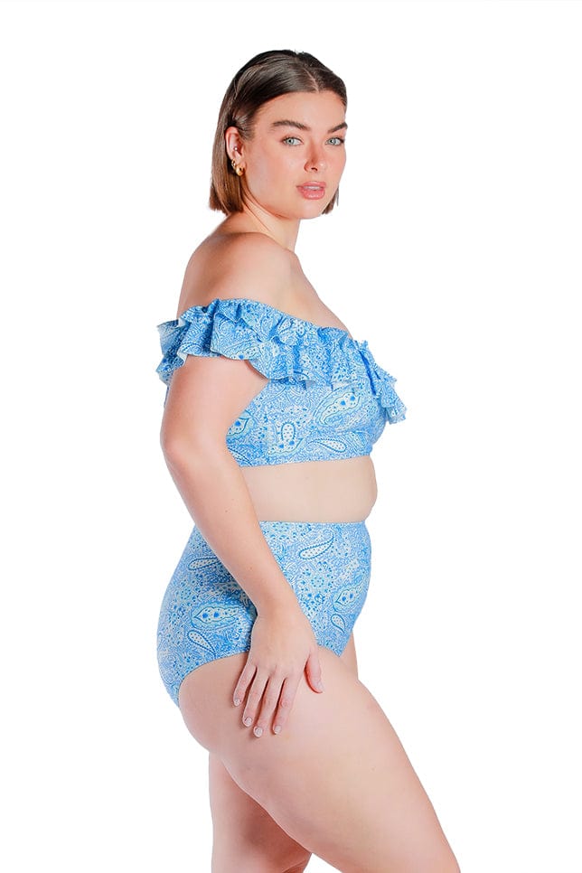 model wears the off the shoulder double frill bikini top in paisley blue colour