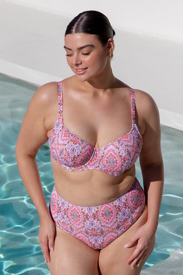 brunette women wearing pink bohemian underwire bikini top with a high waisted high rise bikini bottom