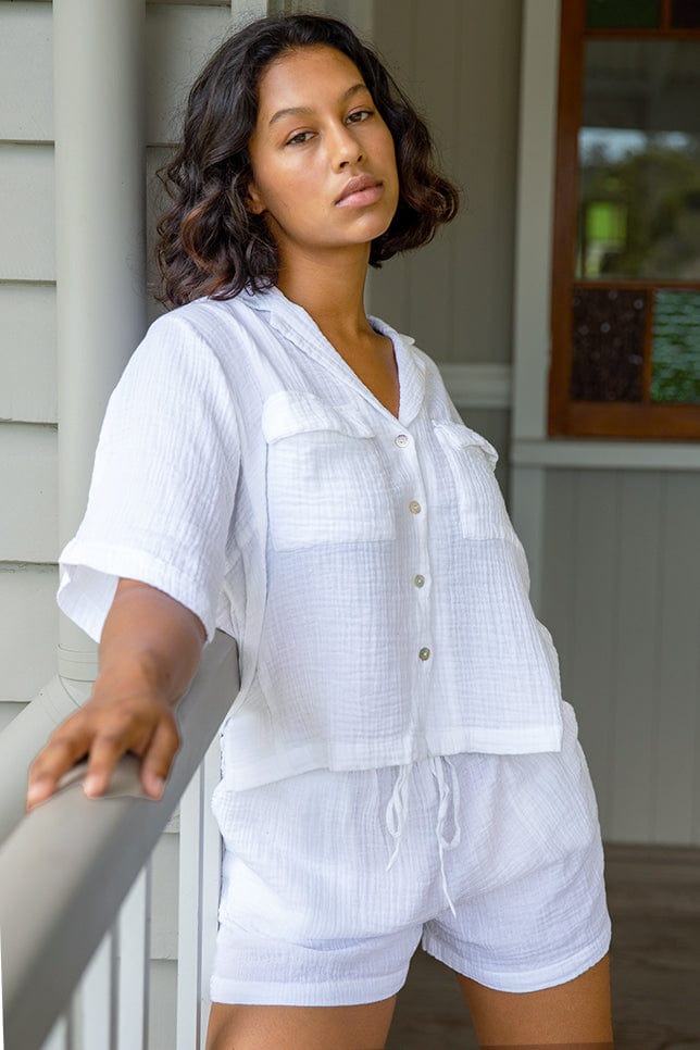 White Button Up Short Cotton Pajama Set