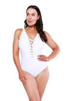 white one piece lace up swimsuit