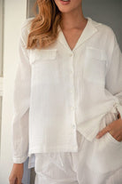 Close up of Model wearing White Long Cotton Pyjama Set 