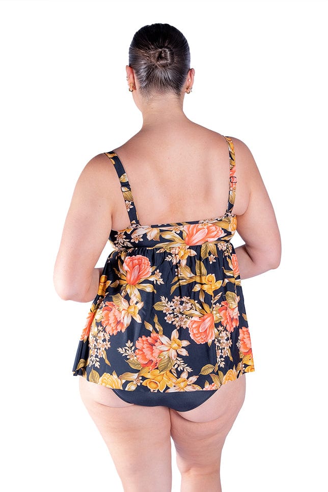 brunette women wears cute floral bandeau tankini top with removable straps
